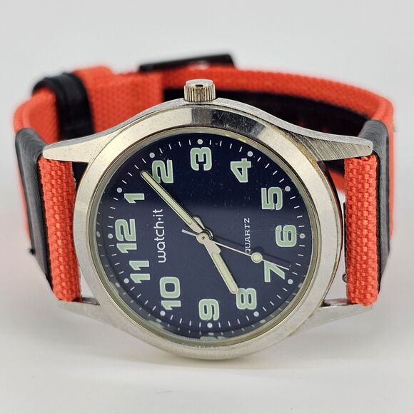 Men's Watch Watch it 35MM Blue Dial New Orange Black Canvas Bands New Battery - Picture 1 of 12
